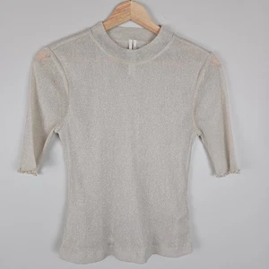 Anthropologie Mock Neck Top Medium 1/2 Sleeve Sheer Cream Metallic Party Mesh - Picture 1 of 12