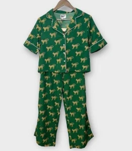 Bouffants & Broken Hearts Two piece Pajama Set M Holiday Cheetah Green - Picture 1 of 15
