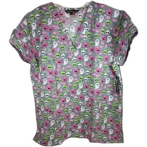 Ghost Skull JOL Candy Halloween Scrub Top M Cassandra O New - Picture 1 of 10