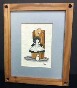 Vintage Handmade Framed Girl Holding Cat Woven Rug Needlepoint Cross Stitch - Picture 1 of 5