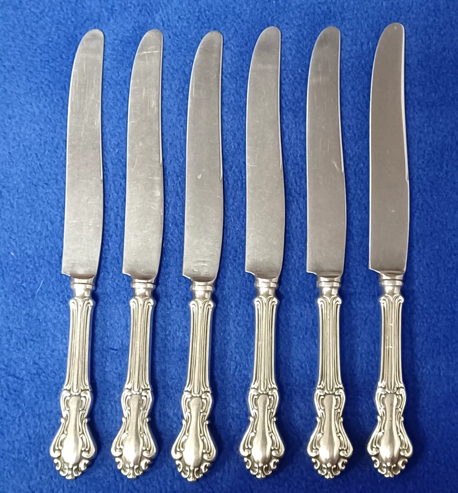 6 facas de jantar National Silver Co Princess Elizabeth alças de prata esterlina - Imagem 1 de 4