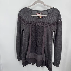 Meadow Rue Top Womens XS Gray Lace Tunic Ruffle Hem Anthropologie Boho Casual - Picture 1 of 6