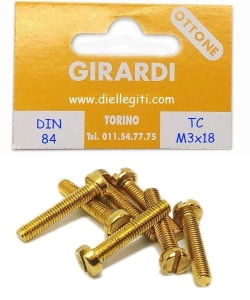 VITE A METALLO IN OTTONE TESTA CILINDRICA M3x18 - DIN 84 - UNI 6107 - Immagine 1 di 1