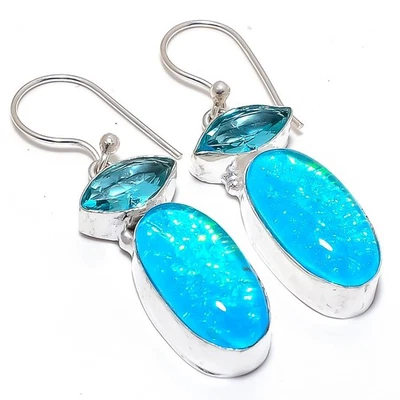 Triplet Fire Opal, Blue Topaz Gemstone 925 Sterling Silver Jewelry Earring 1.9" - Image 1 of 4