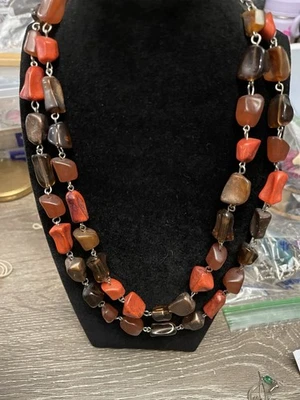 Collar Boho de 2 hilos de piedra natural de jaspe rojo y cuentas pepita de ágata marrón Foto 1 de 3