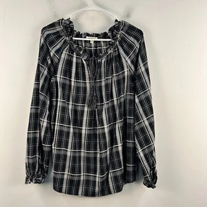 Max Studio Womens Small Blouse Top Shirt Woven Tie Black Plaid Pullover 12875 - Picture 1 of 9