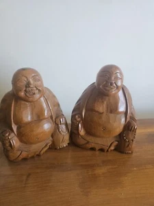 2 X Vintage Carved Buddha Wooden Bookends Figurine Sculpture 8" - Picture 1 of 7