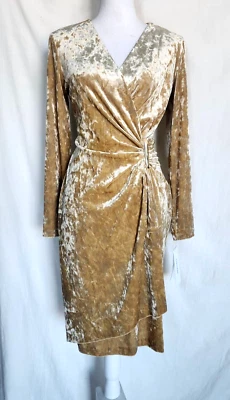 NWT Calvin Klein Long Sleeve V Neck Faux Wrap Velvet Sheath Dress Size 6 Gold - Image 1 of 4