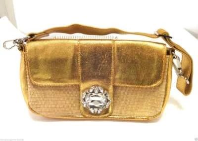 BEVERLY FELDMAN GOLD METALLIC LEATHER HANDBAG WITH  CRYSTAL ACCENT-GORGEOUS!!! - Image 1 of 3