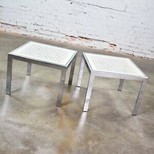 Pr Chrome & White Cane Square Side Tables Glass Top Mid Century Modern to Modern
