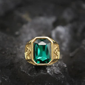 Mens Lab Created Green Emerald Stone Masonic Ring Stainless Steel Size 7-15 Gift - Picture 1 of 8