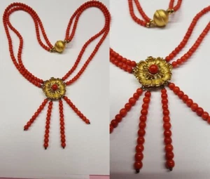 Antique Double Row Coral Beads Necklace Pendant & 14K Gold Claps Jewelry 1900s - Picture 1 of 2