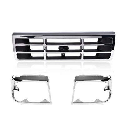 Fit For 1992-1996 Ford F150 F250 Bronco NEW 3PCS Chrome Headlight Door Grille - Image 1 of 4