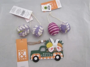 Easter Ornaments Felted Egg + Truck w Bunny wood Ornament Place & Time NEW 5pc - Picture 1 of 9