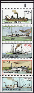 Scott #2409a (2405-09) Steamboats Booklet Pane of 5 Stamps w/Tab & Plate # - MNH