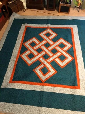 King Size Gordian Celtic Knot Handmade Quilt Teal, Gray, Burnt Orange 96 x 107 - Image 1 of 4