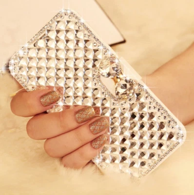 For Cell Phone Women Luxury Glitter PU Leather Bling Rhinestone Flip Wallet Case - Image 1 of 4