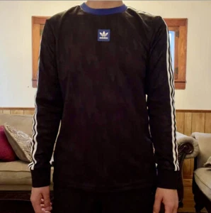 Vintage Adidas Originals Soccer Shirt Jersey Long Sleeve Black Blue Stripes S - Picture 1 of 9