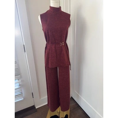 Conjunto de Pantalones ZARA Dos Piezas Cuello Simulado Sin Mangas Top Pierna Ancha Borgoña Tejido Talla S Foto 1 de 4