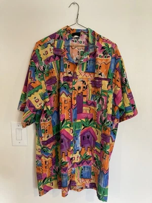 VTG Toucan Dance Hawaiian Shirt Men XL Bright Houses Miami Tropical Palm Trees - Image 1 of 4