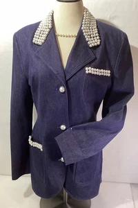 Andrea Jovine Größe 8 Damen Design Jacke Denim mit Kunstperlen gefütterte Taschen - Bild 1 von 12