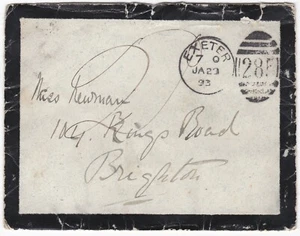 1893 UNSTAMPED MOURNING ENV EXETER DUPLEX - 2d POSTAGE DUE  TO NEWMAN BRIGHTON - Picture 1 of 2