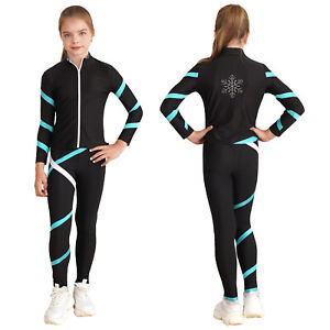 Kid Girl Figure Skating Training Zipper Stand Collar Jacket with Pants Tracksuit