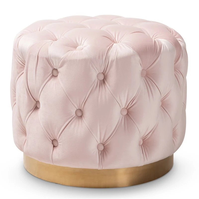 Baxton Studio Valeria Light Pink Velvet Fabric Gold-finished Ottoman