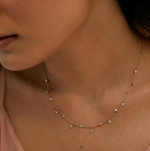 Dangling Natural Diamond Sprinkle Necklace 14k Solid Gold  Necklace 18 inch - Picture 1 of 12