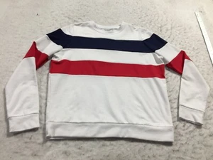 Mighty Fine Sweatshirt Mens M Medium White Red Blue Striped Crew Neck - Picture 1 of 9