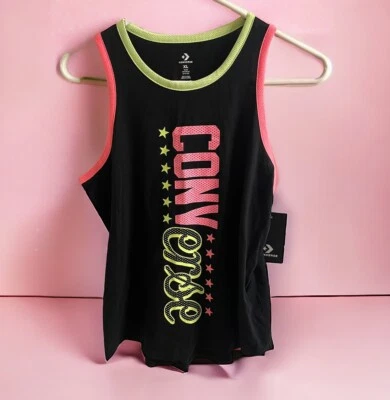Converse girls black tank top w/ neon yellow & pink size XL stars sporty  NWT - Image 1 of 4