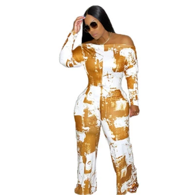 New Women Fashion Long Sleeves Print Patchwork Straight Casual Jumpsuit Romper - Image 1 of 4
