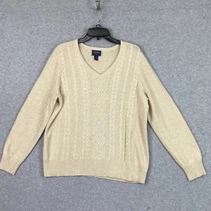 Chaps Sweater Womens 1X Ivory Metallic ThreadCable Knit Pullover V Neck Soft - Picture 1 of 12
