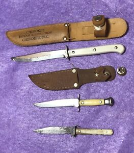 vintage lot 3 souvenir miniature fixed blade knives 2 sheaths USA M.P. Colonial