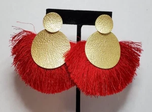 Plunder Design Ruby Earrings Gold Circles Red Fringe Ret BRAND NEW BOXED!!a - Picture 1 of 12