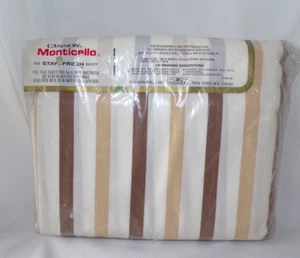 Vintage Canon Monticello Full Flat Sheet Striped Brown White Tan No Iron NOS - Picture 1 of 9