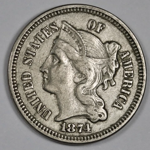 1874 Three Cent Nickel.  Natural Uncleaned.  AU.  186523 Cover