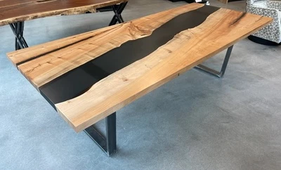 size 24x15" Modern Acacia Wood and Black Resin River Dining Table Top - Image 1 of 4