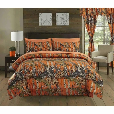 Orange Camo 12 pc set: KING COMFORTER sheets pillowcases curtains - Image 1 of 3
