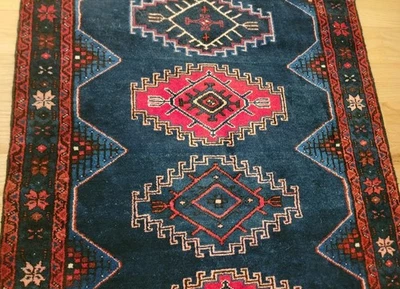 ALFOMBRA ORIENTAL AZUL DE COLECCIÓN Lana Hecha a Mano Aspecto Suroeste GEOMÉTRICA 4’10”x3’2” LEER Ds Foto 1 de 4