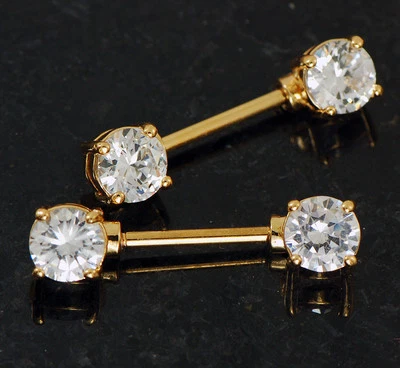 Pair 14g 9/16" Gold Plated On Surgical Steel Round C.Z. Nipple Rings Barbells  - Image 1 of 3