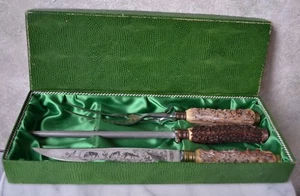 Juego de tallas de colección Anton Wingen Jr. Solingen mango de cuerno de ciervo real hoja grabada - Imagen 1 de 12