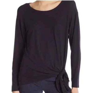 Theory Serah K Ribbed Knit Tie-Front Top Long Sleeve Viscose Black Women's M - Picture 1 of 10