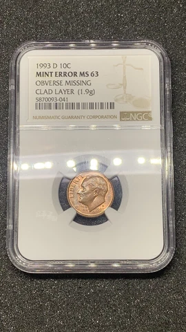 1993 D 10C MINT ERROR MS 63 OBVERSE MISSING CLAD LAYER (1.9g) Cover