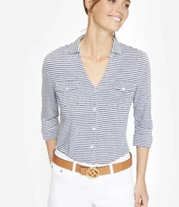 J. McLaughlin Linen Blue White Striped 3/4 Sleeve Top Women Size M - Picture 1 of 8
