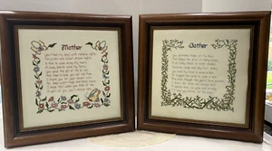 Vintage Cross Stitch Embroidered Mother Father Picture Set Wood Frame 15 in - Picture 1 of 10