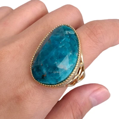 Anillo de piedra natural apatita azul natural enchapado en oro anillos para mujer regalo amigo Foto 1 de 4