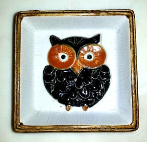 Vintage 1960 Owl Square Trinket Dish Pottery Stoneware Handmade 3 5/8 inch Japan - Picture 1 of 12