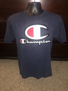 Vintage 90’s Champion Big Embroidered Patch Logo T-Shirt Blue Size Medium Retro - Picture 1 of 7