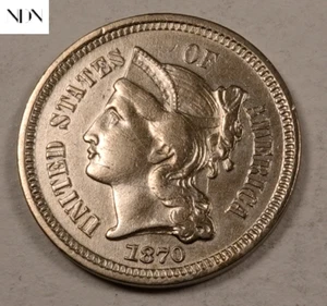 Moneda de tres centavos de 1870 (3 centavos) - elección/gema sin salida - ¡Mejor fecha! #T811 - Imagen 1 de 2